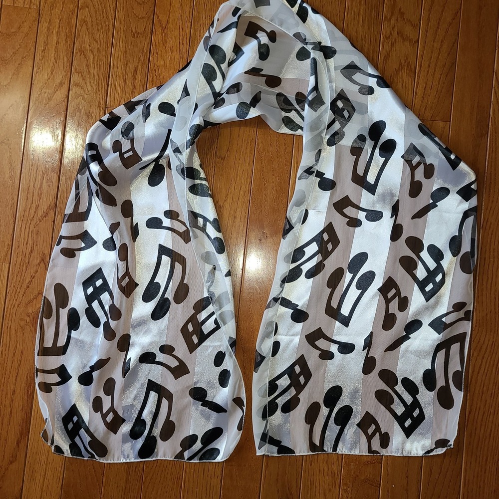 Rectangle Scarf Music Notes Print White Black Sheer Lightweight Women 60x13